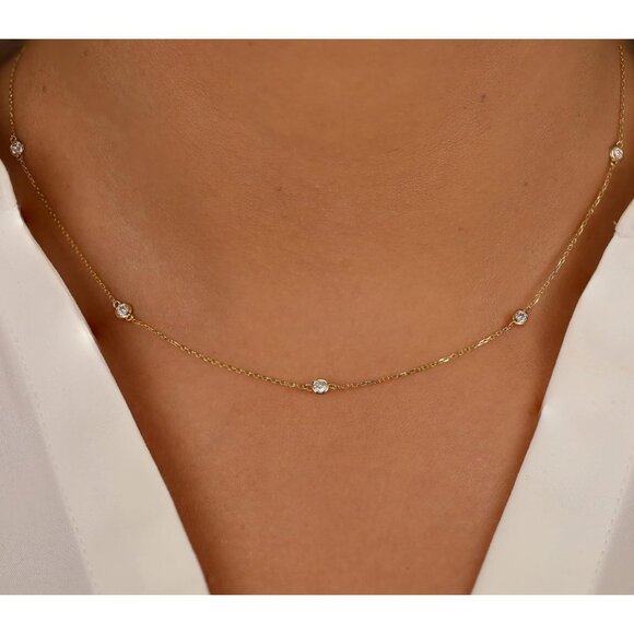 Women Five CZ Chain Choker Gold Plated Long Lariat Necklace Gifts For Girls - Picture 2 of 7